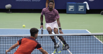 August 16, 2024: Gael Monfils (FRA) defeated Carlos Alcaraz (ESP) 4-6, 7-6, 6-4, at the Cincinnati Open being played at Lindner Family Tennis Center in Mason, Ohio. Â©Leslie Billman/Tennisclix/CSM || 295337_0078 ATP cincinnati Gael monfils open PRESS Series tennis us WTA zagency zcsm zlast24 zselect zsports Zuma ZUMAPRESS.com zwire