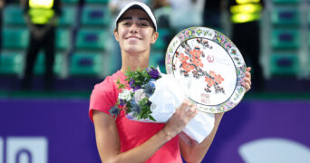 GUANGZHOU, CHINA - OCTOBER 27: Olga Danilovic of Serbia celebrates after winning the Women s Singles Final match against Caroline Dolehide of United States on day 7 of 2024 Guangzhou Open at Nansha International Tennis Centre on October 27, 2024 in Guangzhou, Guangdong Province of China. 111526715017 || 299513_0007 2024 CHINA FINAL game GUANGZHOU Highlight MEHRSPORT open premiumd province quer sport tennis x0x