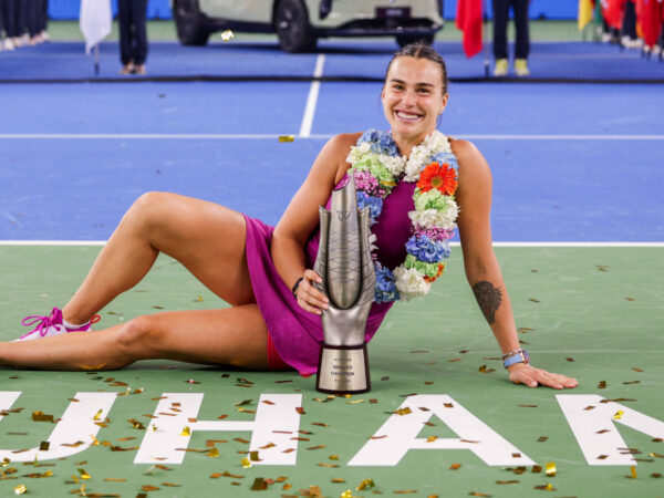 WUHAN, CHINA - OCTOBER 13: Champion Aryna Sabalenka poses with the trophy during the awarding ceremony after the Women s Singles Final match on day nine of 2024 Wuhan Open at Optics Valley International Tennis Center on October 13, 2024 in Wuhan, Hubei Province of China. 111523557146 || 298597_0016 2024 awards ceremony Damen FINAL game open province quer Singles tennis Women WTA WUHAN x0x