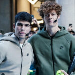 November 10, 2023, Turin, Italy: L'esibizione di Carlos Alcaraz e Jannik Sinner che poi hanno incontrato i fan al Nike Store di Torino organizzato in occasione delle Nitto Atp Finals, 10 novembre 2023. Centinaia le persone fuori dal negozio in via Roma, dove Ã¨ anche stato allestito un campo sul quale il due campioni si sono cimentati a scambiare colpi con i tifosi. ANSA/TINO ROMANO..The performance of Carlos Alcaraz and Jannik Sinner who then met the fans at the Nike Store in Turin organized on the occasion of the Nitto ATP Finals, 10 November 2023. || 279591_0005 PRESS zlast24 zselect Zuma ZUMAPRESS.com zwireservice zworld