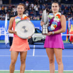 WUHAN, CHINA - OCTOBER 13: Champion Aryna Sabalenka R and runner-up Zheng Qinwen of China pose with their trophies during the awarding ceremony after the Women s Singles Final match on day nine of 2024 Wuhan Open at Optics Valley International Tennis Center on October 13, 2024 in Wuhan, Hubei Province of China. 111523557133 || 298597_0011 2024 awards ceremony Damen FINAL game Highlight MEHRSPORT open premiumd province quer Singles sport tennis Women WTA WUHAN x0x