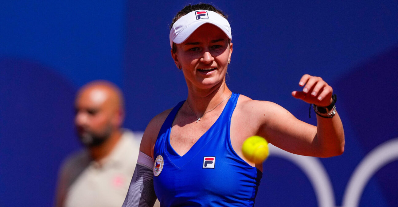 July 28, 2024, Paris, Paris, FRANCE: Barbora Krejcikova of Czechia gestures against Sara Sorribes Tormo of Spain during their women's singles first round tennis match on Court Philippe-Chatrier at the Roland-Garros Stadium during the Paris 2024 Olympics Games on July 28, 2024 in Paris, France. || 294202_0001 2024 JO2024 jeux olympiques paris 2024 Paris 2024 Paris2024 JO 2024 Jeux Olympiques 2024 OLYMPICS paris PRESS spain sport zagency zlast24 zselect ZSPORT Zuma ZUMAPRESS.com zwire Tennis