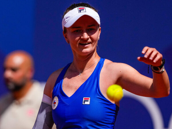 July 28, 2024, Paris, Paris, FRANCE: Barbora Krejcikova of Czechia gestures against Sara Sorribes Tormo of Spain during their women's singles first round tennis match on Court Philippe-Chatrier at the Roland-Garros Stadium during the Paris 2024 Olympics Games on July 28, 2024 in Paris, France. || 294202_0001 2024 JO2024 jeux olympiques paris 2024 Paris 2024 Paris2024 JO 2024 Jeux Olympiques 2024 OLYMPICS paris PRESS spain sport zagency zlast24 zselect ZSPORT Zuma ZUMAPRESS.com zwire Tennis