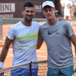 Novak Djokovic of Serbia and Jannik Sinner of Italy are training during the Internazionali BNL d'Italia tennis tournament at Foro Italico in Rome, Italy on May 9th, 2023.