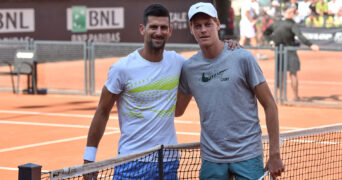 Novak Djokovic of Serbia and Jannik Sinner of Italy are training during the Internazionali BNL d'Italia tennis tournament at Foro Italico in Rome, Italy on May 9th, 2023.