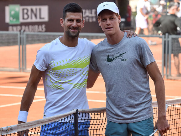 Novak Djokovic of Serbia and Jannik Sinner of Italy are training during the Internazionali BNL d'Italia tennis tournament at Foro Italico in Rome, Italy on May 9th, 2023.