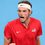 Taylor Fritz of USA reacts after winning second set during the Taylor Fritz of USA and Cameron Norrie of Great Britain match at the United Cup City Finals Day 7 at Ken Rosewall Arena, Sydney Olympic Park Tennis Centre, Sydney, Australia on 4th January 2023. PUBLICATIONxNOTxINxUK Copyright: xPeterxDovganx 35100642