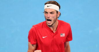 Taylor Fritz of USA reacts after winning second set during the Taylor Fritz of USA and Cameron Norrie of Great Britain match at the United Cup City Finals Day 7 at Ken Rosewall Arena, Sydney Olympic Park Tennis Centre, Sydney, Australia on 4th January 2023. PUBLICATIONxNOTxINxUK Copyright: xPeterxDovganx 35100642