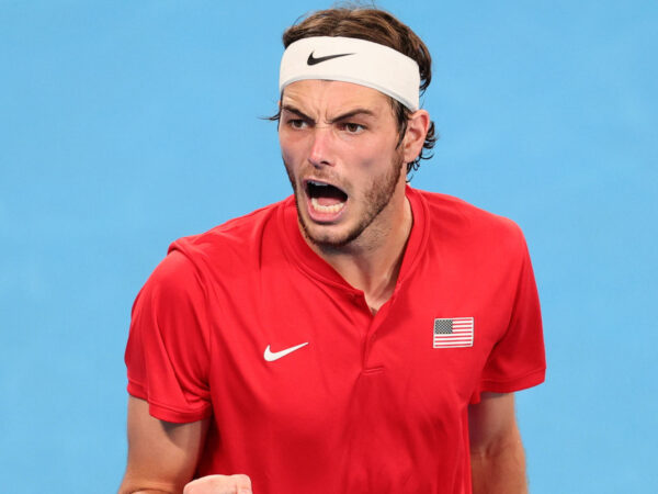 Taylor Fritz of USA reacts after winning second set during the Taylor Fritz of USA and Cameron Norrie of Great Britain match at the United Cup City Finals Day 7 at Ken Rosewall Arena, Sydney Olympic Park Tennis Centre, Sydney, Australia on 4th January 2023. PUBLICATIONxNOTxINxUK Copyright: xPeterxDovganx 35100642