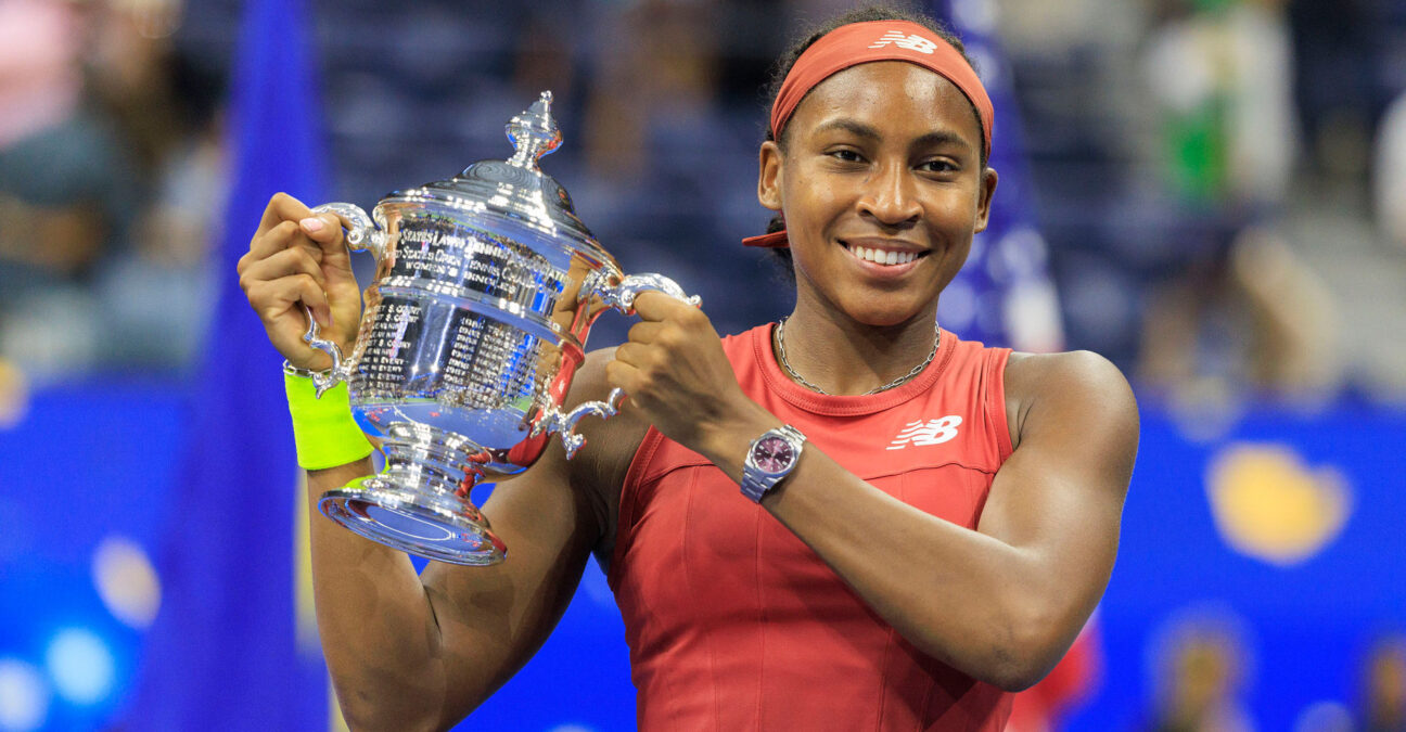 September 9, 2023, Flushing Meadows, New York, USA: Coco Gauff poses with the trophy after winning the 2023 US Open Womenâ€™s Final match against Aryna Sabalenka held at the USTA Billie Jean King National Tennis Center on Saturday September 9, 2023 in the Flushing neighborhood of the Queens borough of New York City.