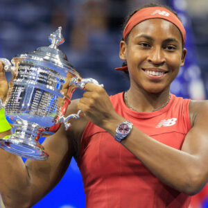 September 9, 2023, Flushing Meadows, New York, USA: Coco Gauff poses with the trophy after winning the 2023 US Open Womenâ€™s Final match against Aryna Sabalenka held at the USTA Billie Jean King National Tennis Center on Saturday September 9, 2023 in the Flushing neighborhood of the Queens borough of New York City.