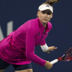 August 10, 2023, MONTREAL, PQ, Canada: Elena Rybakina of Kazakhstan, serves to Sloane Stephens of the United States, during the National Bank Open tennis tournament in Montreal, Thursday, Aug.10, 2023.