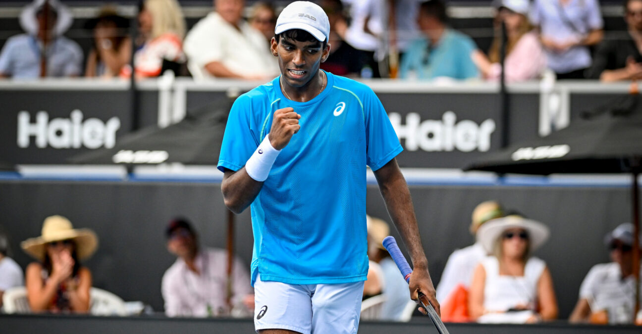 Nishesh Basavareddy of USA celebrates a point against Alejandro Tabilo of Chile in the Round 2, R16 Men’s Singles Match of the 2025 Men’s ASB Classic tennis tournament at Manuka Doctor Arena, Auckland, New Zealand on Wednesday 8 January 2025.