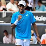 Nishesh Basavareddy of USA celebrates a point against Alejandro Tabilo of Chile in the Round 2, R16 Men’s Singles Match of the 2025 Men’s ASB Classic tennis tournament at Manuka Doctor Arena, Auckland, New Zealand on Wednesday 8 January 2025.