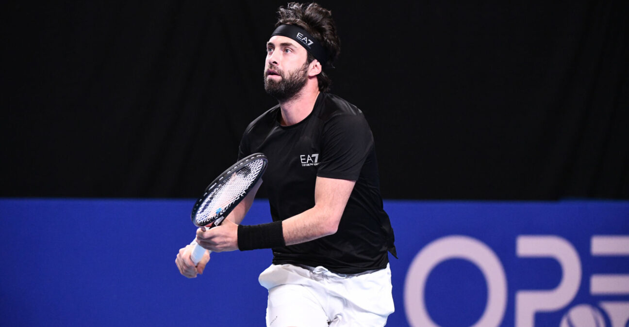 Nikoloz BASILASHVILI (GEO) vs. Titouan DROGUET (FRA) during the qualifying final of the ATP 250 Open Sud de France tournament in Montpellier, France on January 27th, 2025.