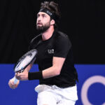 Nikoloz BASILASHVILI (GEO) vs. Titouan DROGUET (FRA) during the qualifying final of the ATP 250 Open Sud de France tournament in Montpellier, France on January 27th, 2025.