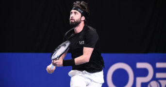 Nikoloz BASILASHVILI (GEO) vs. Titouan DROGUET (FRA) during the qualifying final of the ATP 250 Open Sud de France tournament in Montpellier, France on January 27th, 2025.