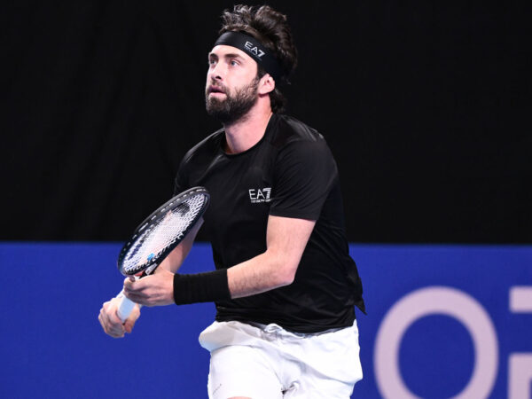 Nikoloz BASILASHVILI (GEO) vs. Titouan DROGUET (FRA) during the qualifying final of the ATP 250 Open Sud de France tournament in Montpellier, France on January 27th, 2025.