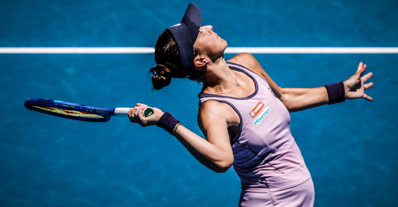 January 19, 2025: MELBOURNE, AUSTRALIA - JANUARY 19: Belinda Bencic of Switzerland serves to Coco Gauff of USA on day eight of the 2025 Australian Open at Melbourne Park on January 19, 2025 in Melbourne, Australia.