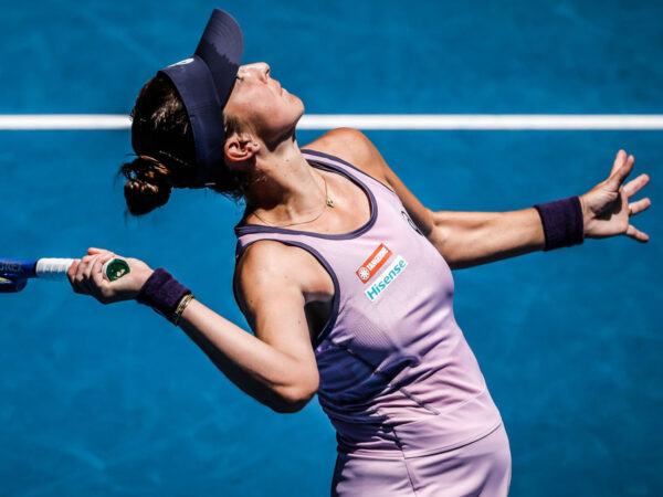 January 19, 2025: MELBOURNE, AUSTRALIA - JANUARY 19: Belinda Bencic of Switzerland serves to Coco Gauff of USA on day eight of the 2025 Australian Open at Melbourne Park on January 19, 2025 in Melbourne, Australia.