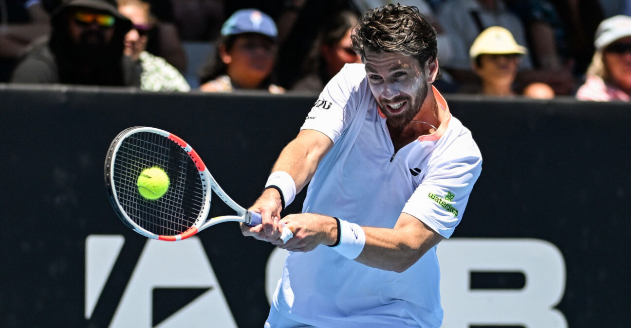 Cameron Norrie of Great Britain plays a shot against Facundo Diaz Acosta of Argentina in the Round 1, R32 Men’s Singles Match of the 2025 Men’s ASB Classic tennis tournament at Manuka Doctor Arena, Auckland, New Zealand on Tuesday 7 January 2025.