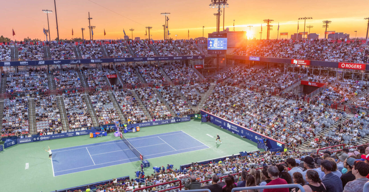 August 6, 2024, Montreal, Quebec, Canada: Sunset over stadium in the game between HOLGER RUNE from Denmark and ROBERTO BAUTISTA-AGUT from Spain in first round at National bank open at IGA Stadium in Montreal, Quebec, Canada on 2024-08-06