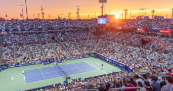 August 6, 2024, Montreal, Quebec, Canada: Sunset over stadium in the game between HOLGER RUNE from Denmark and ROBERTO BAUTISTA-AGUT from Spain in first round at National bank open at IGA Stadium in Montreal, Quebec, Canada on 2024-08-06