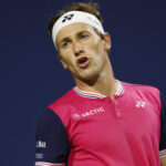 August 8, 2023, TORONTO, ON, Canada: Casper Ruud of Norway reacts after losing a point to Jiri Lehecka of Czech Republic during National Bank Open tennis in Toronto, Tuesday, Aug. 8, 2023.