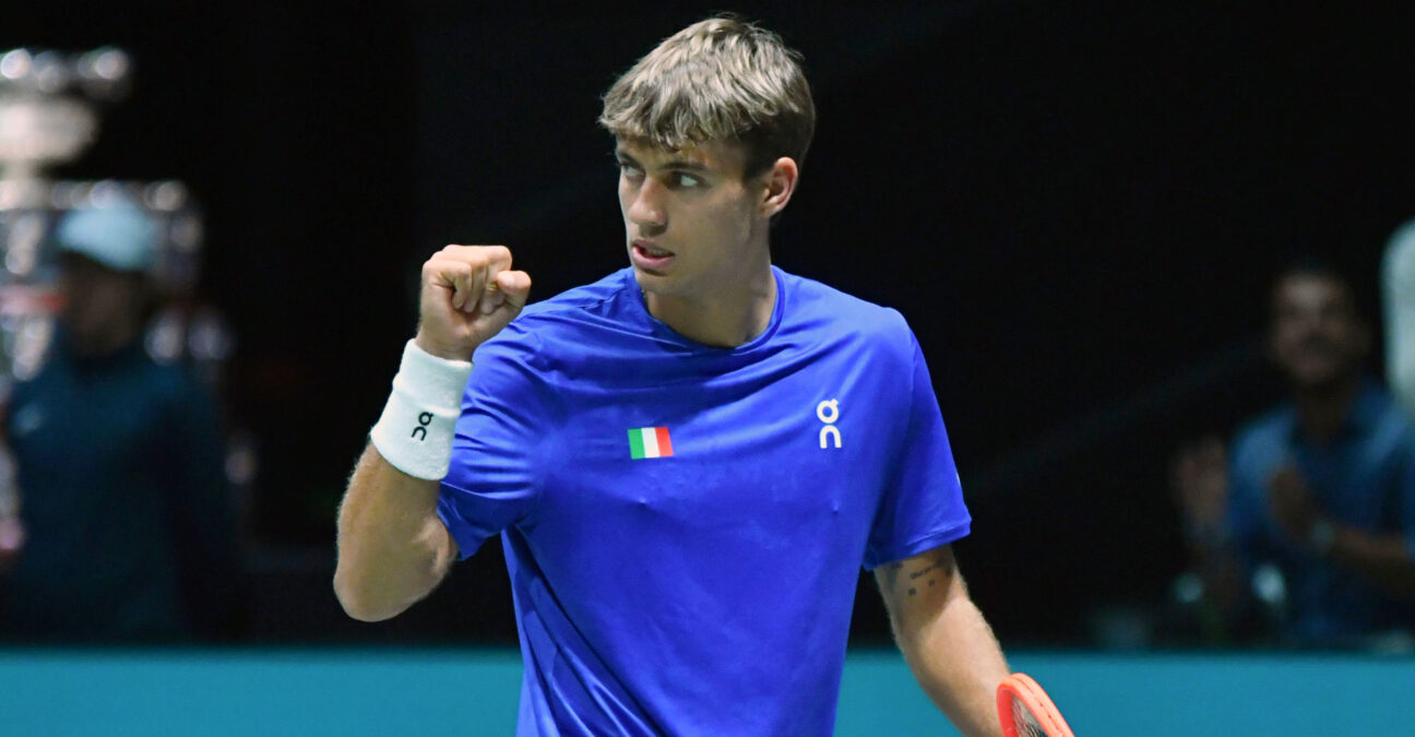 Bologna: BOLOGNA, ITALY - SEPTEMBER 13: Flavio Cobolli of Italy in action during the 2024 Davis Cup Finals Group Stage Bologna match between the Italy and Belgium at Unipol Arena on September 13, 2024 in Bologna, Italy. (Credit Image: © Andrea Rosito/IPA via ZUMA Press)