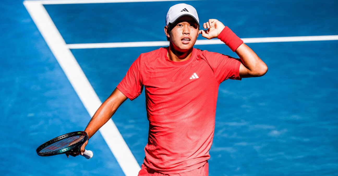 January 18, 2025: MELBOURNE, AUSTRALIA - JANUARY 18: Learner Tien of USA engages with the crowd after winning a point against Corentin Moutet of France on day seven of the 2025 Australian Open at Melbourne Park on January 18, 2025 in Melbourne, Australia.