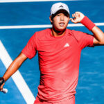 January 18, 2025: MELBOURNE, AUSTRALIA - JANUARY 18: Learner Tien of USA engages with the crowd after winning a point against Corentin Moutet of France on day seven of the 2025 Australian Open at Melbourne Park on January 18, 2025 in Melbourne, Australia.