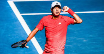 January 18, 2025: MELBOURNE, AUSTRALIA - JANUARY 18: Learner Tien of USA engages with the crowd after winning a point against Corentin Moutet of France on day seven of the 2025 Australian Open at Melbourne Park on January 18, 2025 in Melbourne, Australia.