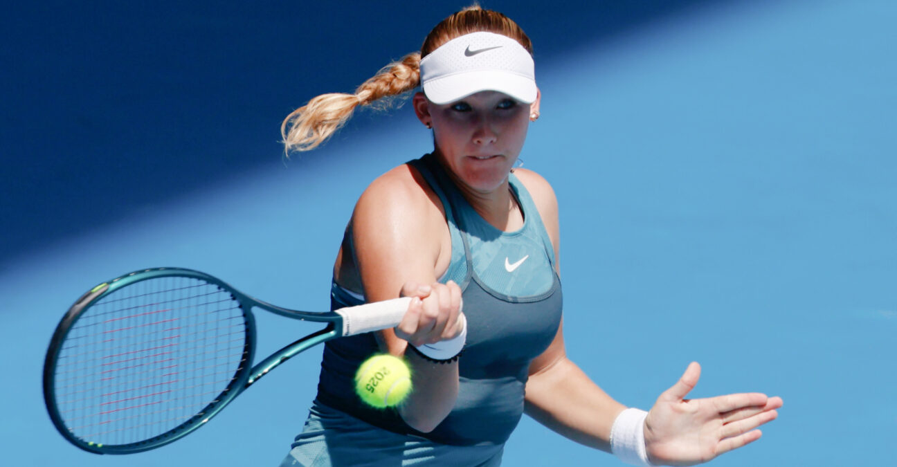 January 19, 2025: MELBOURNE, AUSTRALIA - JANUARY 19: Mirra Andreeva of Russia hits a forehand to Aryna Sabalenka of Belarus on day eight of the 2025 Australian Open at Melbourne Park on January 19, 2025 in Melbourne, Australia.