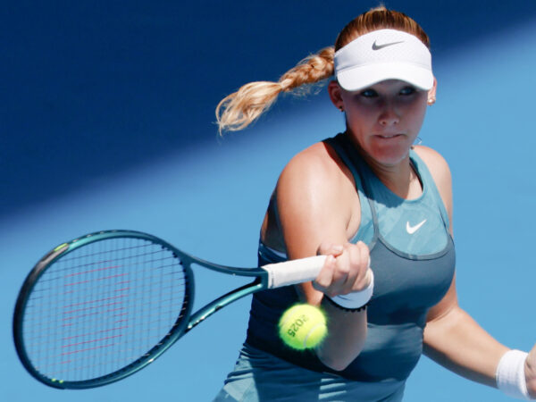 January 19, 2025: MELBOURNE, AUSTRALIA - JANUARY 19: Mirra Andreeva of Russia hits a forehand to Aryna Sabalenka of Belarus on day eight of the 2025 Australian Open at Melbourne Park on January 19, 2025 in Melbourne, Australia.