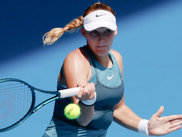 January 19, 2025: MELBOURNE, AUSTRALIA - JANUARY 19: Mirra Andreeva of Russia hits a forehand to Aryna Sabalenka of Belarus on day eight of the 2025 Australian Open at Melbourne Park on January 19, 2025 in Melbourne, Australia.