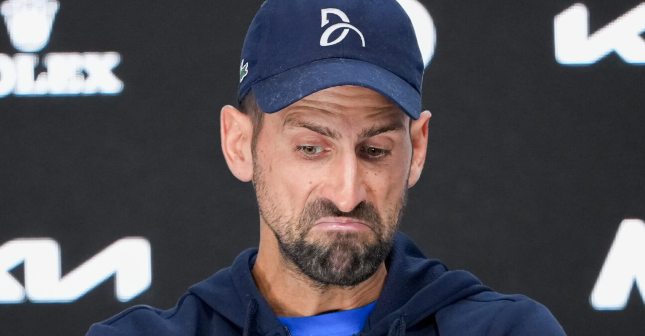 January 24, 2025: 7th seed NOVAK DJOKOVIC of Serbia talks to the media after retiring from a match against 2nd seed ALEXANDER ZVEREV of Germany on Rod Laver Arena in a Men's Singles Semifinals match on day 13 of the 2025 Australian Open in Melbourne, Australia.