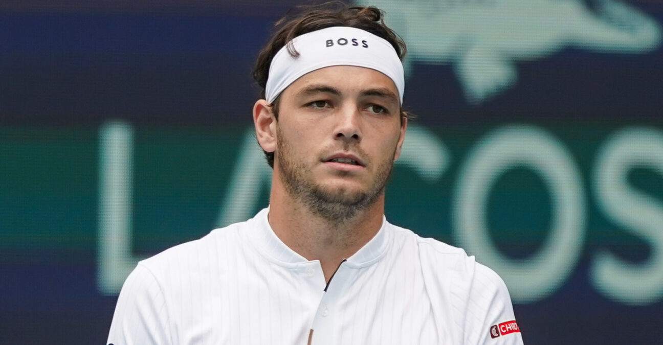 March 23, 2024, Miami Gardens, Florida, USA: Taylor Fritz (USA) returns a shot during the men's singles match at the 2024 Miami Open presented by Itau at Hard Rock Stadium.