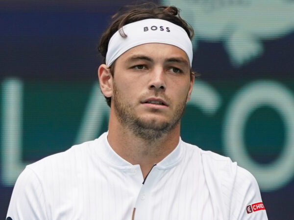 March 23, 2024, Miami Gardens, Florida, USA: Taylor Fritz (USA) returns a shot during the men's singles match at the 2024 Miami Open presented by Itau at Hard Rock Stadium.