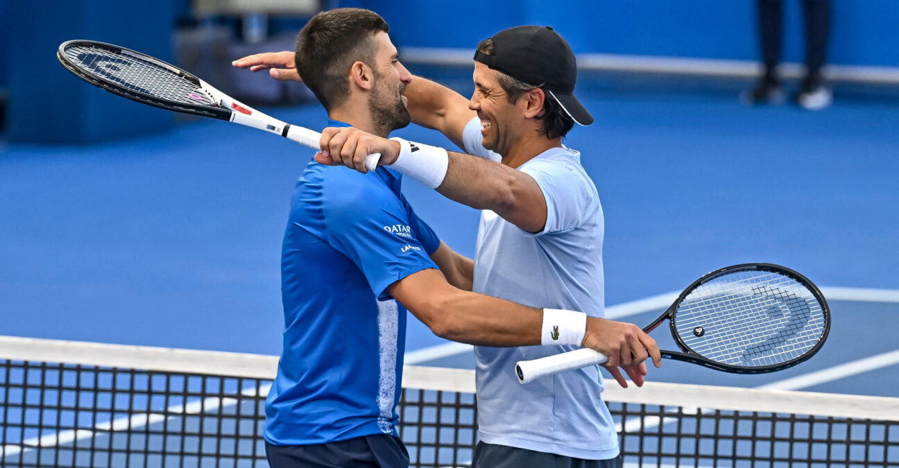 ATP, Tennis Herren QATAR EXXONMOBIL OPEN DOUBLES ROUND OF 16 Novak Djokovic L of Serbia and Fernando Verdasco of Spain celebrate after winning their doubles round of 16 match against Alexander Bublik of Kazakistan and Karen Khachanov of Russia at the ATP Qatar ExxonMobil Open 2025 tennis tournament at the Khalifa International Tennis Complex in Doha, Qatar, on February 17, 2025. DOHA Qatar