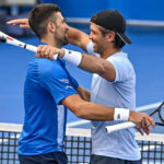 ATP, Tennis Herren QATAR EXXONMOBIL OPEN DOUBLES ROUND OF 16 Novak Djokovic L of Serbia and Fernando Verdasco of Spain celebrate after winning their doubles round of 16 match against Alexander Bublik of Kazakistan and Karen Khachanov of Russia at the ATP Qatar ExxonMobil Open 2025 tennis tournament at the Khalifa International Tennis Complex in Doha, Qatar, on February 17, 2025. DOHA Qatar