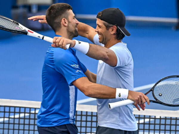 ATP, Tennis Herren QATAR EXXONMOBIL OPEN DOUBLES ROUND OF 16 Novak Djokovic L of Serbia and Fernando Verdasco of Spain celebrate after winning their doubles round of 16 match against Alexander Bublik of Kazakistan and Karen Khachanov of Russia at the ATP Qatar ExxonMobil Open 2025 tennis tournament at the Khalifa International Tennis Complex in Doha, Qatar, on February 17, 2025. DOHA Qatar