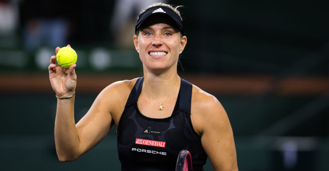 October 12, 2021, INDIAN WELS, UNITED STATES: Angelique Kerber of Germany in action during the fourth round at the 2021 BNP Paribas Open WTA 1000 tennis tournament aganst Ajla Tomljanovic of Australia