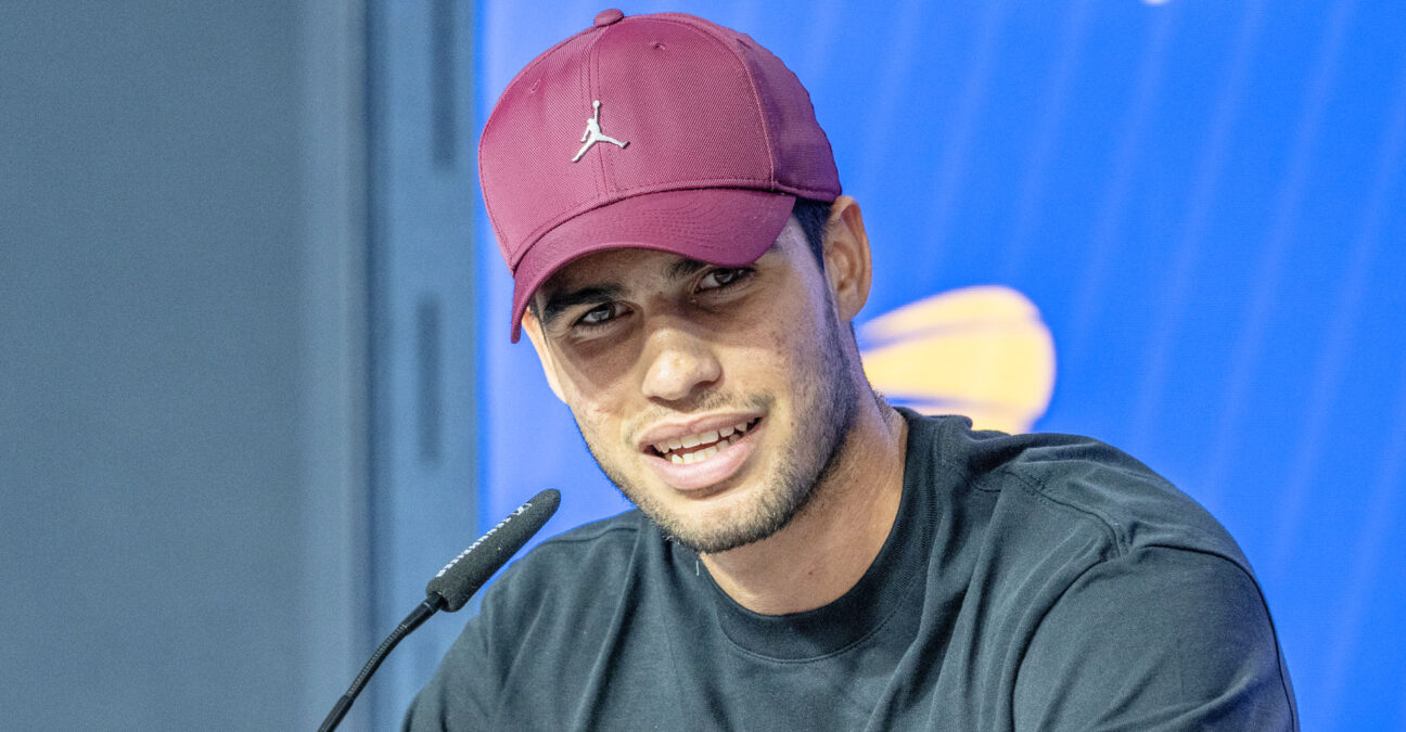 August 25, 2023, New York, New York, United States: Carlos Alcaraz of Spain speaks to press during US Open player media day ahead of start of tournament at Billy Jean King Tennis Center in New York