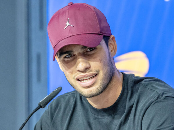 August 25, 2023, New York, New York, United States: Carlos Alcaraz of Spain speaks to press during US Open player media day ahead of start of tournament at Billy Jean King Tennis Center in New York