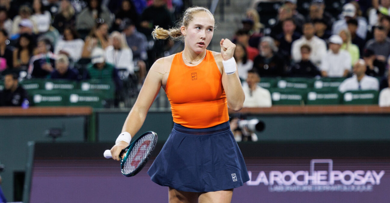 March 9, 2025: Mirra Andreeva reacts during her match against Clara Tauson (DEN) in round 3 of the BNP Paribas Open at Indian Wells Tennis Garden on March 09, 2025 in Indian Wells, California.