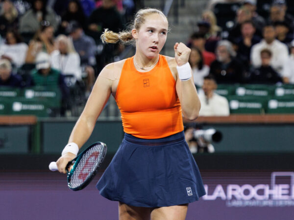 March 9, 2025: Mirra Andreeva reacts during her match against Clara Tauson (DEN) in round 3 of the BNP Paribas Open at Indian Wells Tennis Garden on March 09, 2025 in Indian Wells, California.