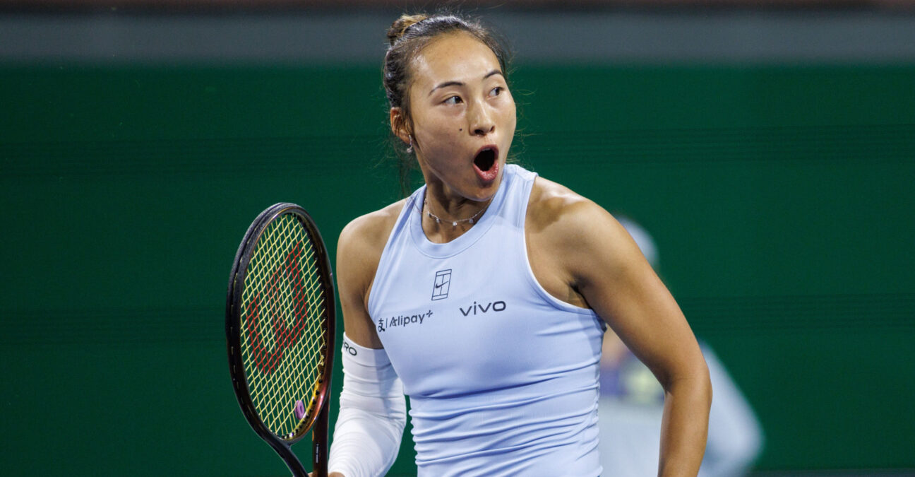 March 9, 2025: Qinwen Zheng (CHN) reacts during her match against Lulu Sun (NZL) in round 3 of the BNP Paribas Open at Indian Wells Tennis Garden on March 09, 2025 in Indian Wells, California.