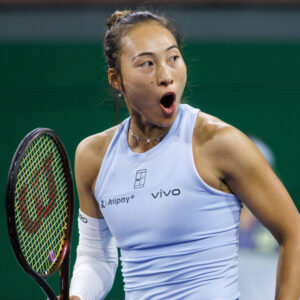 March 9, 2025: Qinwen Zheng (CHN) reacts during her match against Lulu Sun (NZL) in round 3 of the BNP Paribas Open at Indian Wells Tennis Garden on March 09, 2025 in Indian Wells, California.