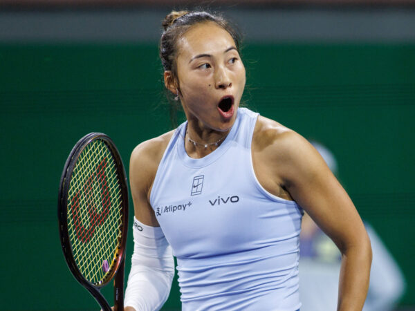 March 9, 2025: Qinwen Zheng (CHN) reacts during her match against Lulu Sun (NZL) in round 3 of the BNP Paribas Open at Indian Wells Tennis Garden on March 09, 2025 in Indian Wells, California.