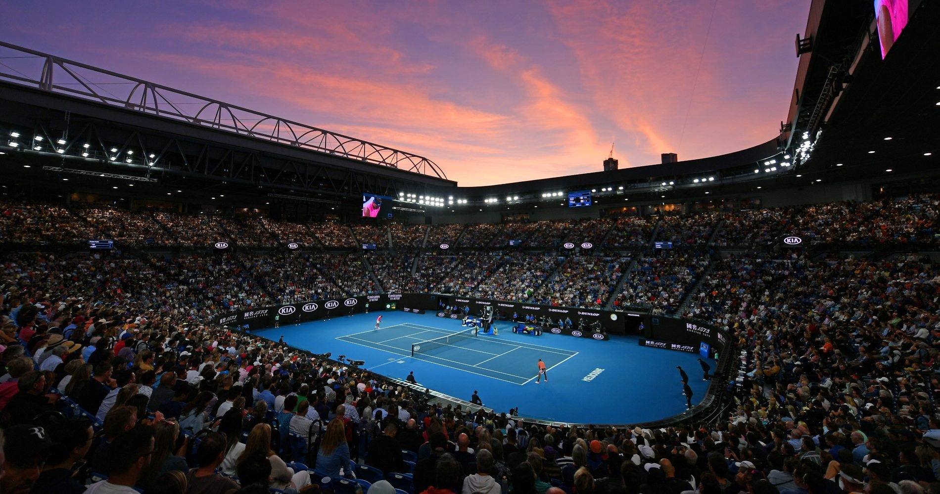 A view of the Rod Laver Arena at sunset